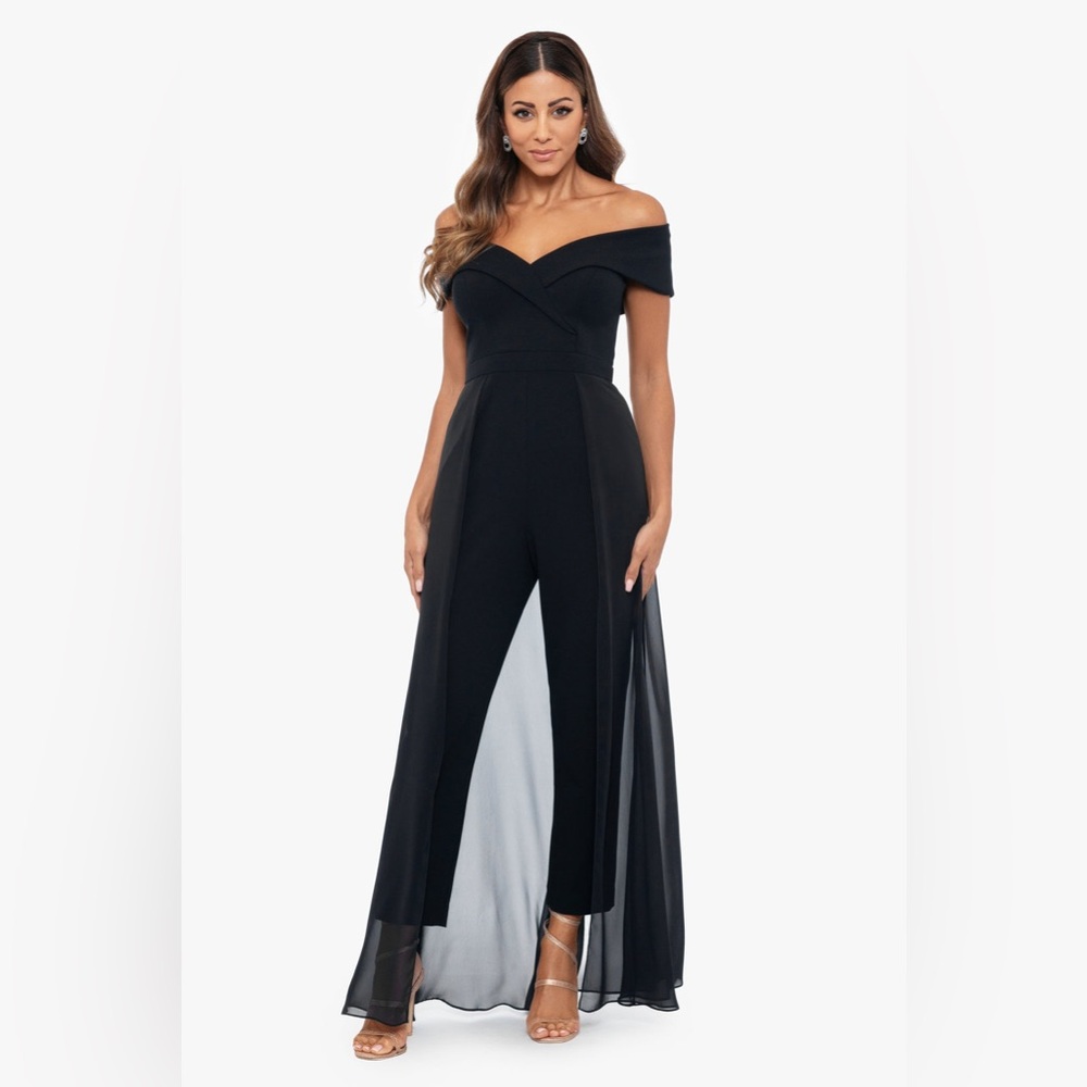 NWT Xscape OFF THE SHOULDER SCUBA CREPE AND CHIFFON JUMPSUIT Sz 16